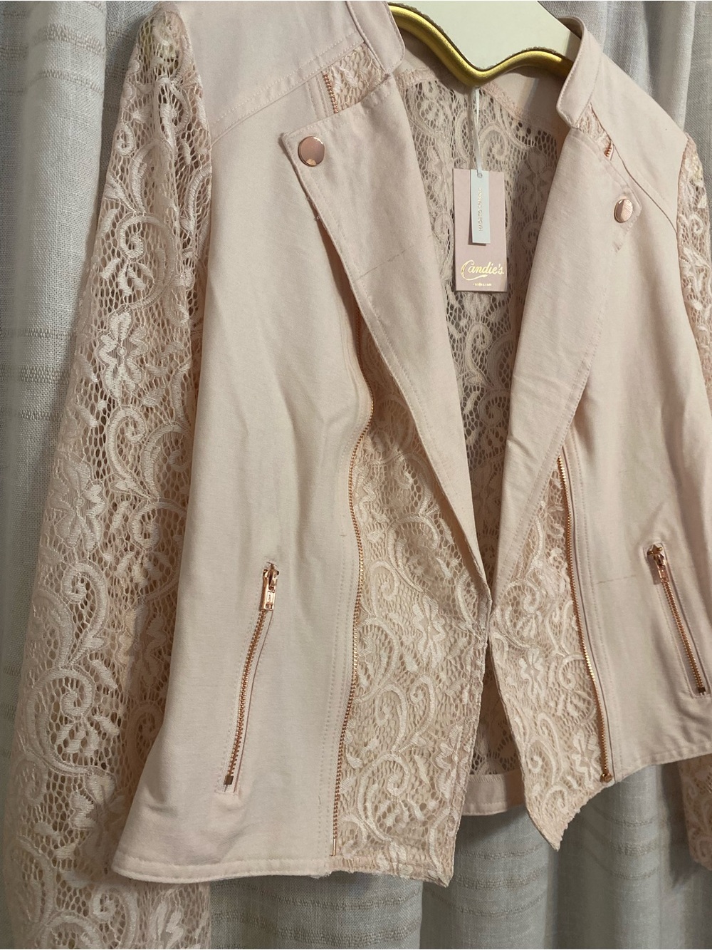 Candie's Pink Lace Moto Jacket Women's XL NWT Asymmetrical Rose Gold Zip - Picture 2 of 13